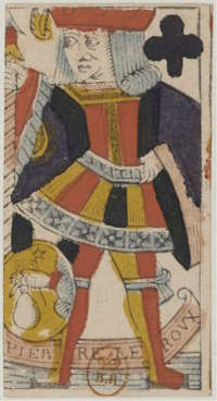 Le plus ancien ancêtre du joker : valet de trèfle, vers 1656–1664. Auteur : Pierre Leroux. Conservé à la Bibliothèque nationale de France. Wikimedia Commons, domaine public.