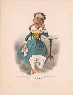 Une caricature intitulée « Euchered », 1884. La carte au premier plan représente un bébé sortant d’un diable en boîte avec la légende « The Little Joker » (littéralement « le petit joker »). Auteur : F.C., Popular Graphic Arts. Conservée à la Bibliothèque du Congrès. Wikimedia Commons, domaine public.