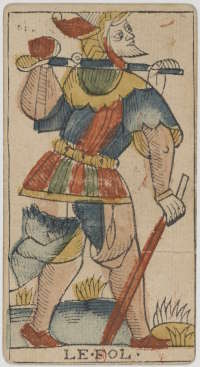 Le Fou du tarot de Marseille, 1701–1715. Auteur : Jean Dodal. Wikimedia Commons, domaine public.