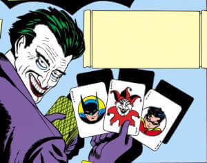 Première case de l’histoire inaugurale du Joker, dessinée par Bob Kane et présentant la carte joker créée par Jerry Robinson. Texte du cartouche supprimé. Batman no 1, 1940. © DC Comics.