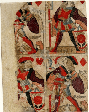 Feuille non coupée de cartes à jouer à enseignes françaises, imprimée à Rouen par Valery Faucil vers 1516 ; actuellement au British Museum. Licence : Creative Commons Attribution-NonCommercial-ShareAlike 4.0 International (CC BY-NC-SA 4.0). © The Trustees of the British Museum.
