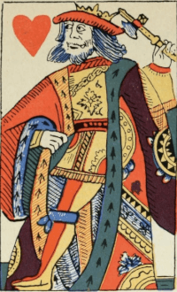 Roi de cœur d’un jeu français, produit à Rouen vers 1567. Benham 1931, p. 28, illustr. 59.