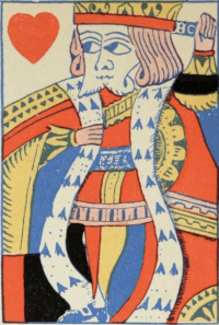 Roi de cœur d’un jeu français, produit en Angleterre vers 1750. Benham 1931, p. 28, illustr. 60.