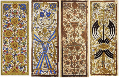 6 de pièces, 10 de maillets de polo, 3 de coupes et 7 d’épées du jeu égyptien mamelouk du XVe siècle, actuellement conservé au Musée du Palais de Topkapı, à Istanbul. Composition originale de Countakeshi. Source : Wikimedia Commons, licence : Attribution-Share Alike 4.0 International.