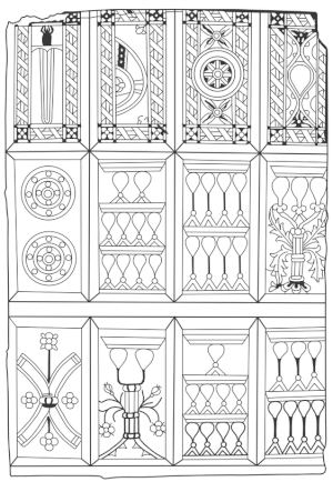 Les plus anciennes cartes européennes provenant de Catalogne, début du XVe siècle. Feuille non coupée et non colorée de cartes de conception arabe, actuellement conservée à l’Instituto Municipal de Historia de Barcelone. Redessiné par Karolina Juszczyk d’après l’illustration de Simon Wintle « Cartes à jouer maures ».