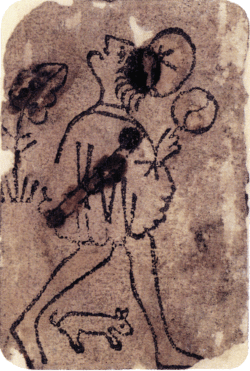 Valet de deniers d’un jeu de cartes « maure » catalan, 1400-1420 ; actuellement au Musée Fournier des cartes à jouer, Álava (Espagne). Source : Wikimedia Commons, domaine public.