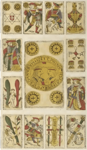 Feuille non coupée de cartes espagnoles, 1574. Publié à l’origine dans Museo español de antigüedades, vol. 3, 1874. Source : Wikimedia Commons, domaine public.